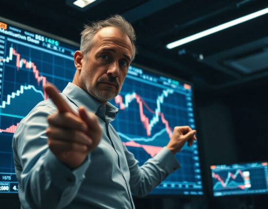 Financial analyst points to a bearish Elliott Wave pattern on a large digital stock chart.