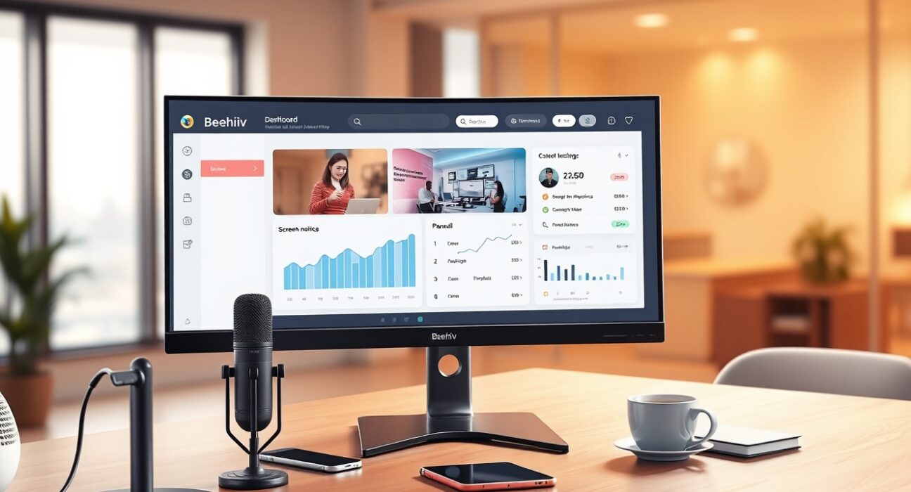 Beehiiv dashboard showing webinar hosting, podcast analytics, and paywall settings on a modern desk setup.