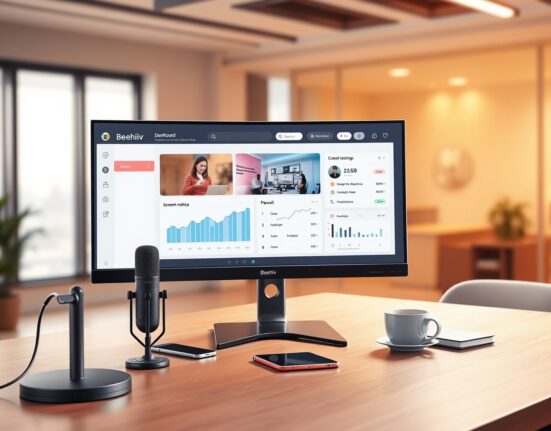 Beehiiv dashboard showing webinar hosting, podcast analytics, and paywall settings on a modern desk setup.