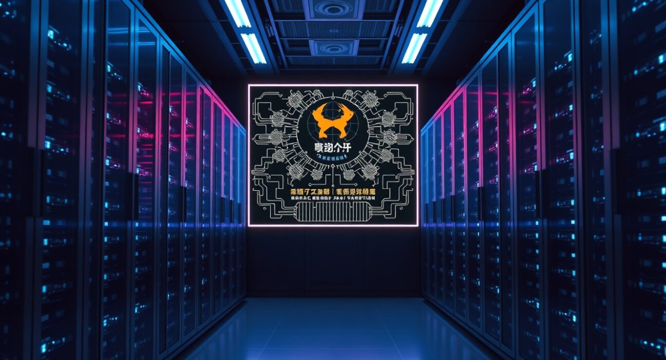 Interior of a Beijing data center with digital neural network display and server racks