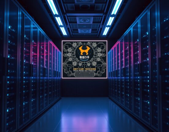 Interior of a Beijing data center with digital neural network display and server racks