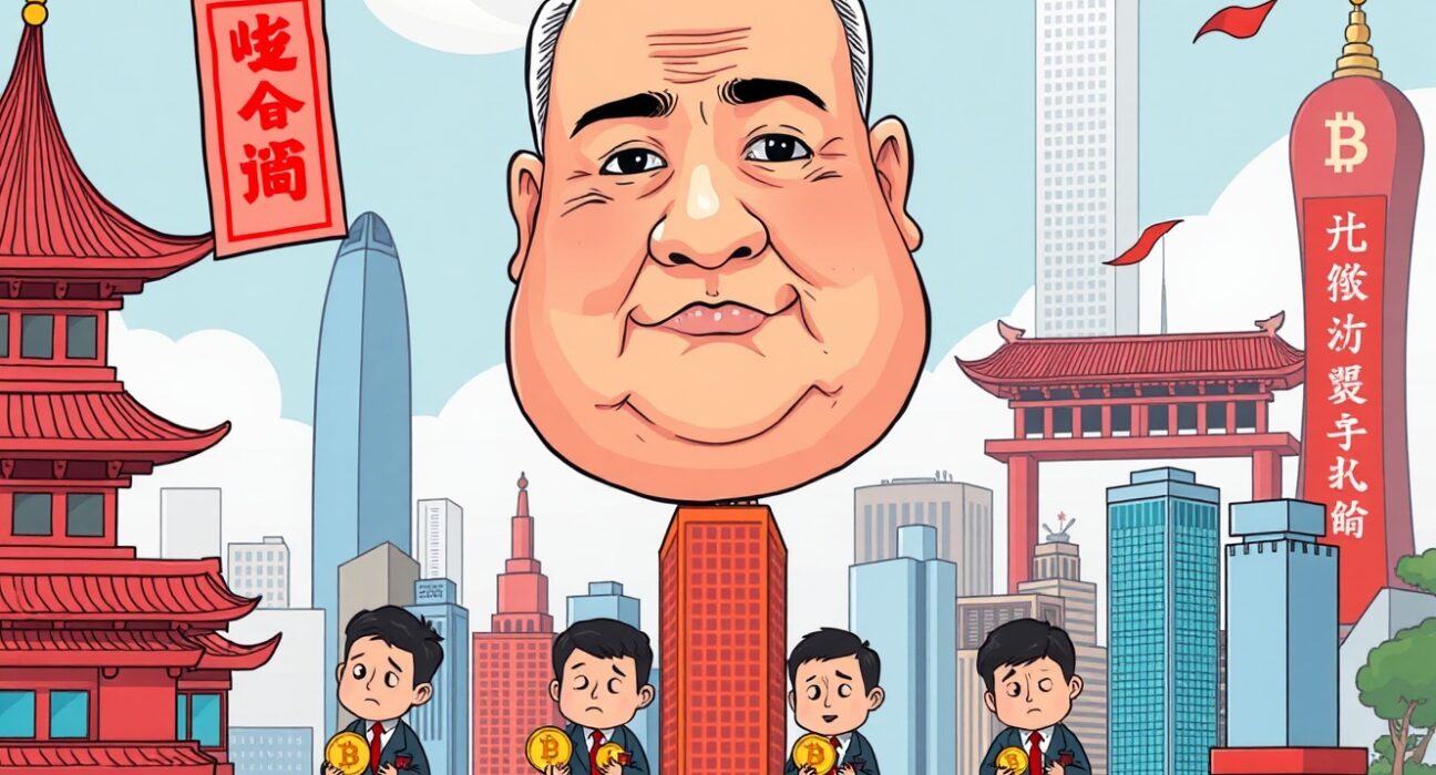 Cartoon depicting Beijing's directive on the Hong Kong crypto ban, impacting state and tech firms.