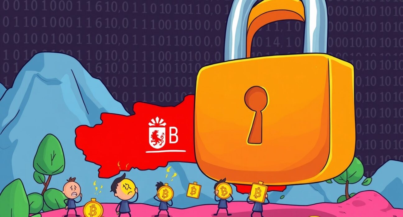 A cartoon illustration showing Belarus blocking access to cryptocurrency exchanges with a large digital padlock.