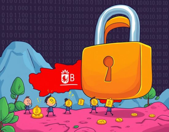 A cartoon illustration showing Belarus blocking access to cryptocurrency exchanges with a large digital padlock.