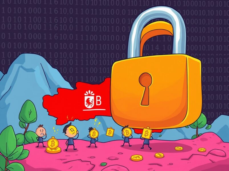 A cartoon illustration showing Belarus blocking access to cryptocurrency exchanges with a large digital padlock.
