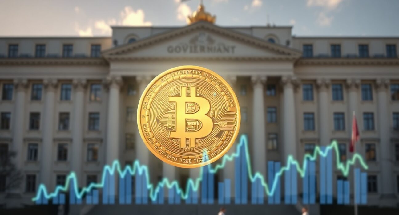 Belarus government building with Bitcoin and financial chart overlay representing crypto regulation