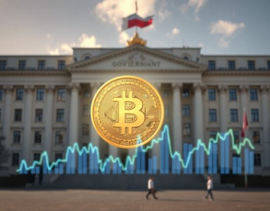 Belarus government building with Bitcoin and financial chart overlay representing crypto regulation