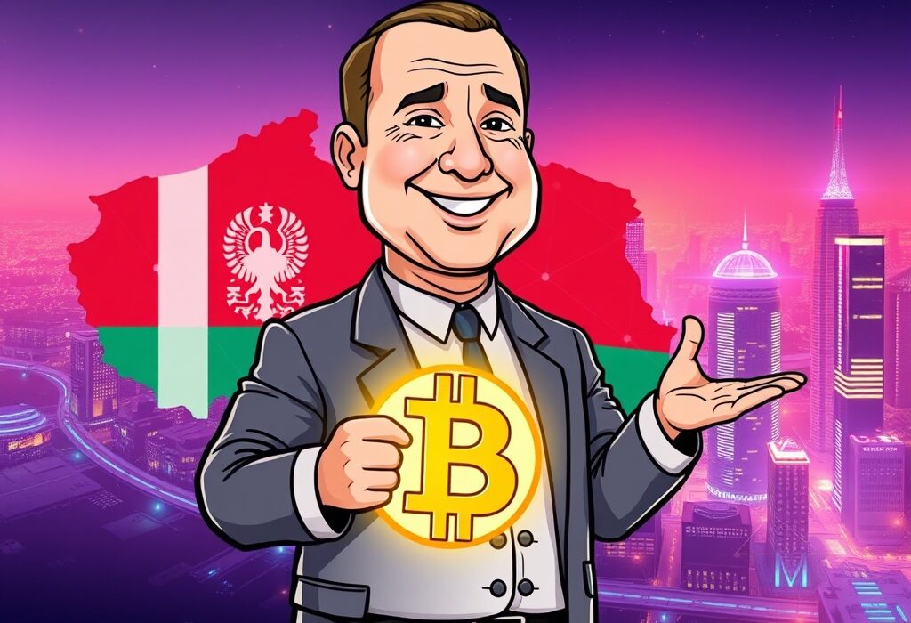 Cartoon depicting a leader expressing strong Belarus crypto support, holding a Bitcoin symbol over a map of Belarus.