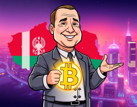 Cartoon depicting a leader expressing strong Belarus crypto support, holding a Bitcoin symbol over a map of Belarus.