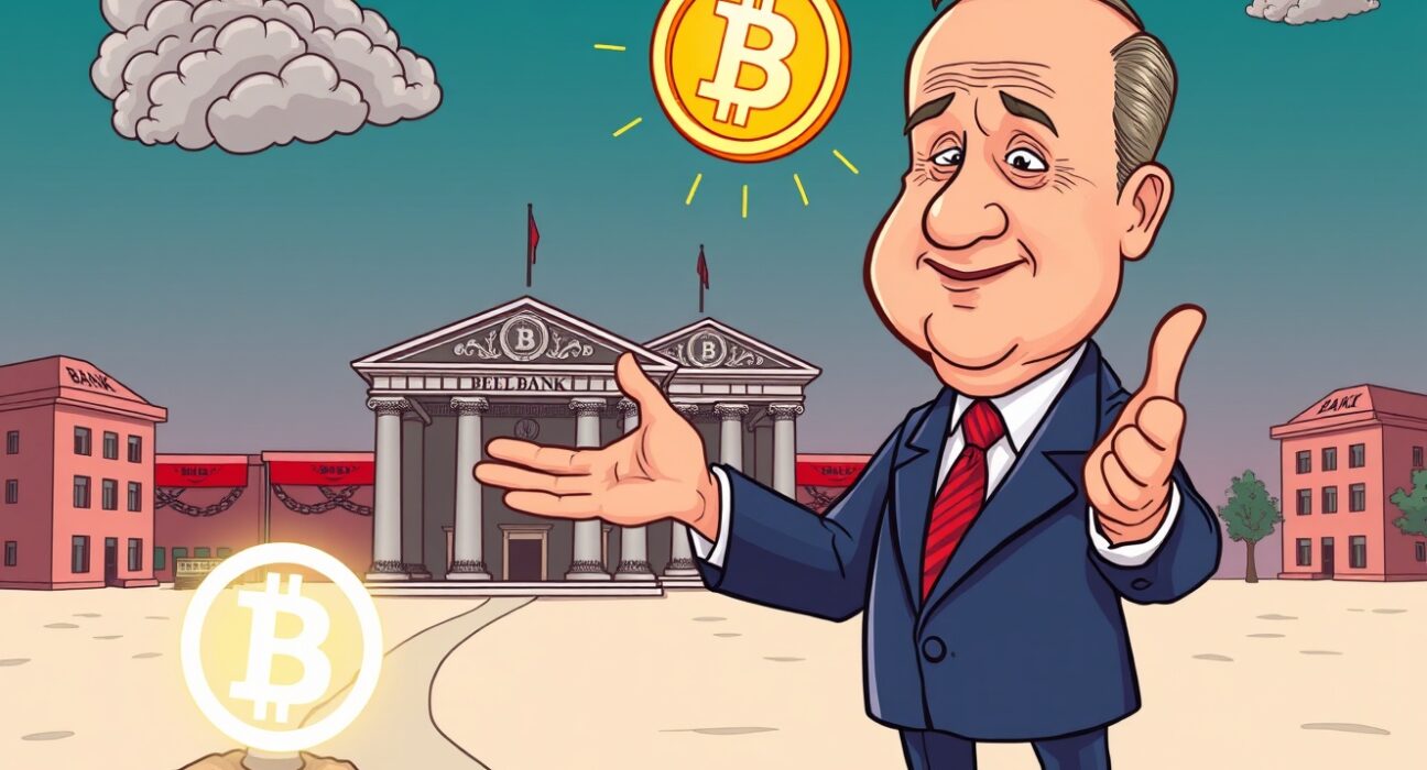 A cartoon illustration showing the Belarusian President encouraging banks to expand Belarus crypto use as a strategic move against economic sanctions.