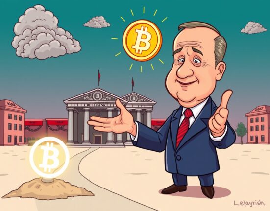 A cartoon illustration showing the Belarusian President encouraging banks to expand Belarus crypto use as a strategic move against economic sanctions.