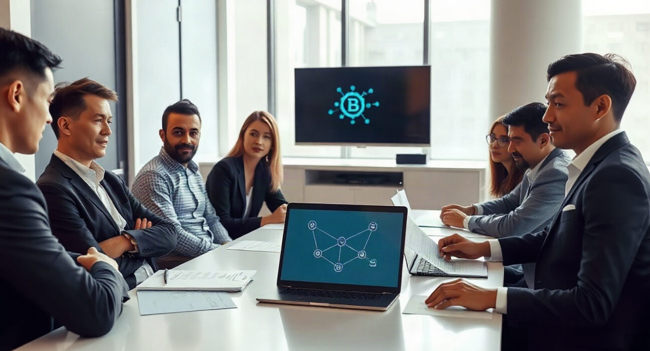 Business team meeting around a table with a blockchain network diagram on a laptop, representing Beldex's funding announcement.