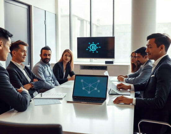 Business team meeting around a table with a blockchain network diagram on a laptop, representing Beldex's funding announcement.