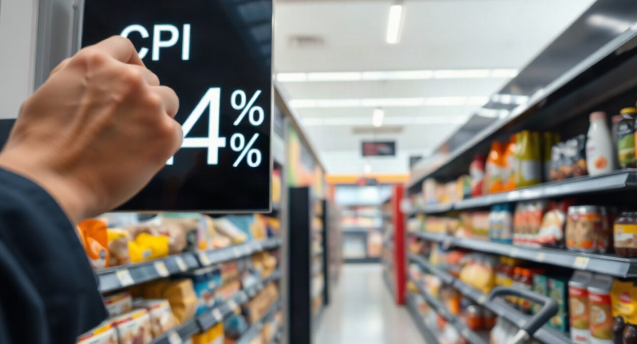 Shopper checking price tag in a Belgian supermarket, with a digital price display showing CPI 0.4% in the background