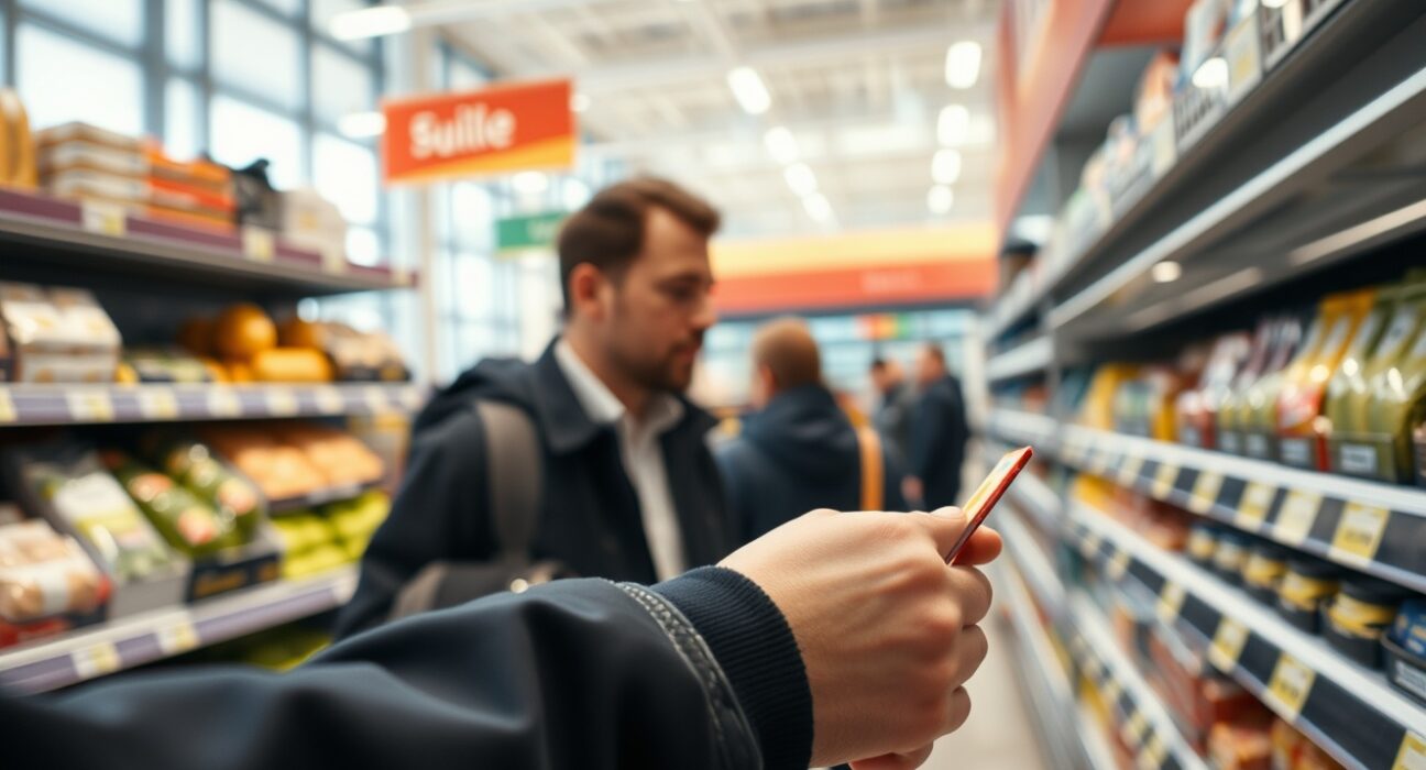 Shopper looking at price tags in a Belgian supermarket, representing consumer price index data.