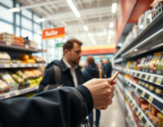 Shopper looking at price tags in a Belgian supermarket, representing consumer price index data.