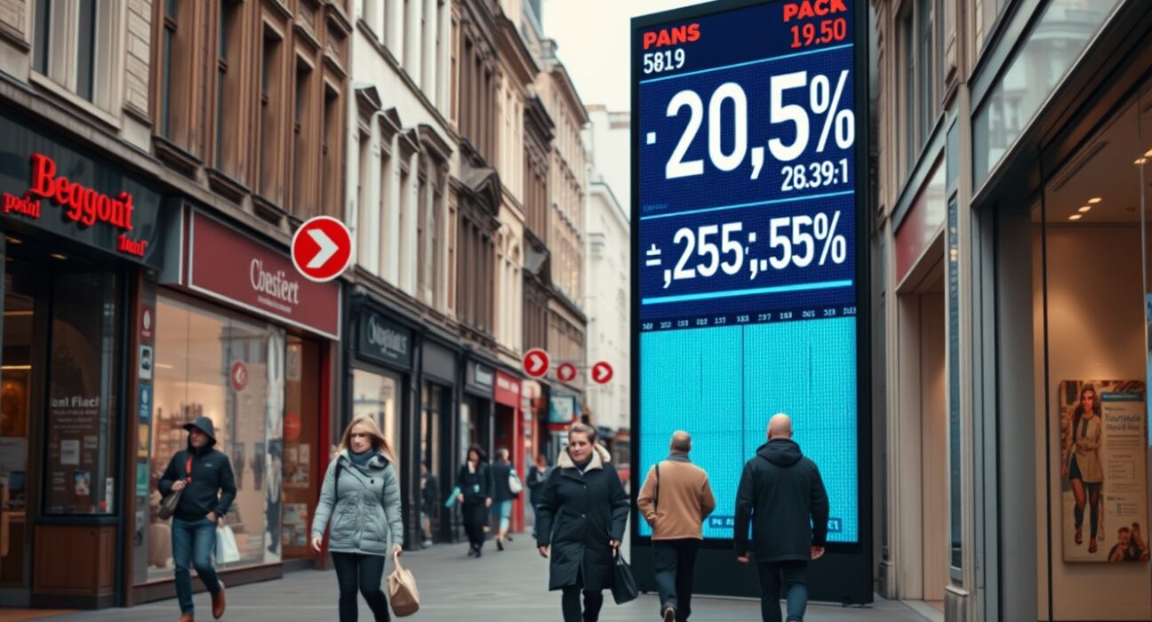 A Brussels street scene with shoppers and a digital display showing economic data, illustrating Belgium's slowing inflation rate.