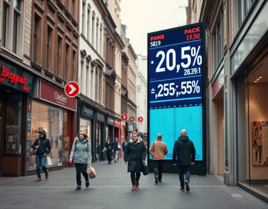 A Brussels street scene with shoppers and a digital display showing economic data, illustrating Belgium's slowing inflation rate.