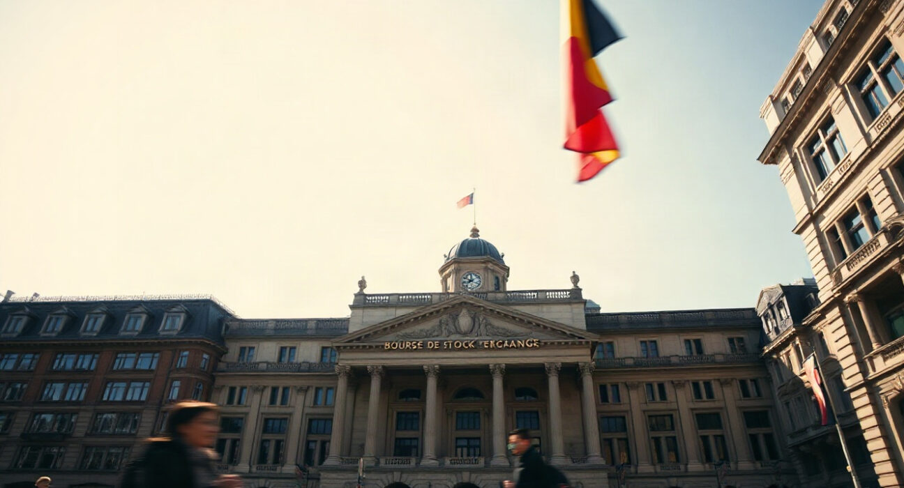 Brussels Stock Exchange building on a sunny day with Belgian flag