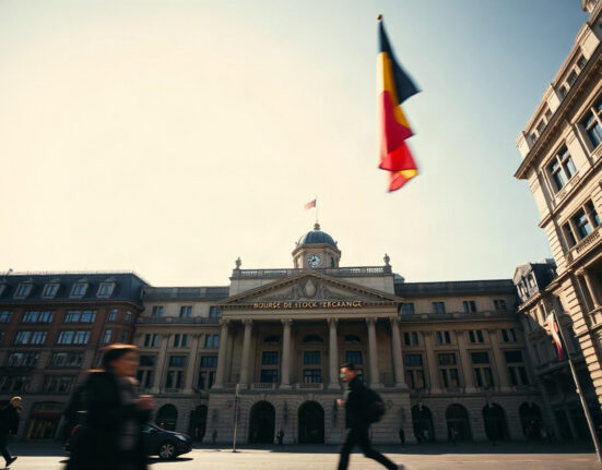 Brussels Stock Exchange building on a sunny day with Belgian flag