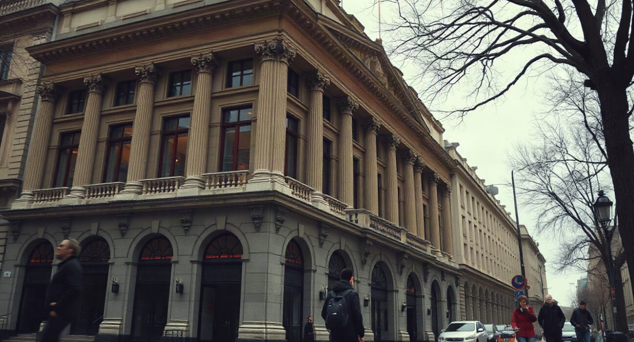 Brussels Stock Exchange building on an overcast day, reflecting economic uncertainty.