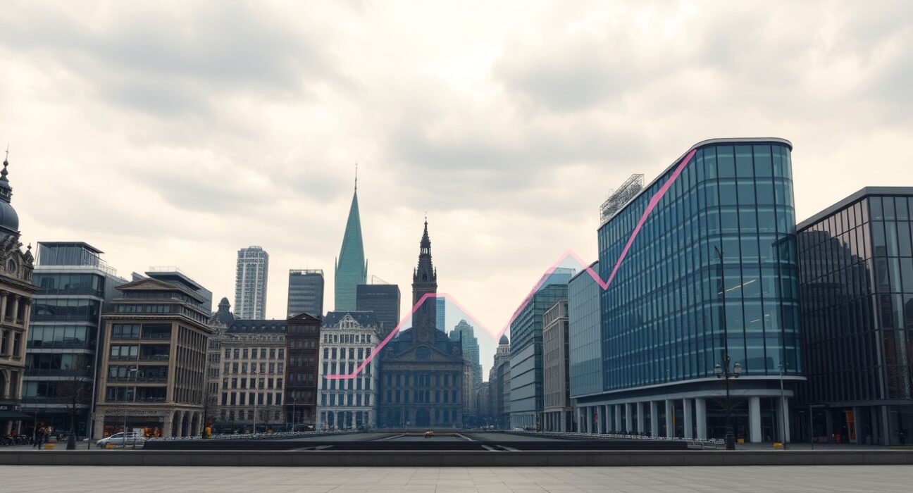 Brussels cityscape with a digital display showing a negative economic trend, representing Belgium's leading indicator miss in July.