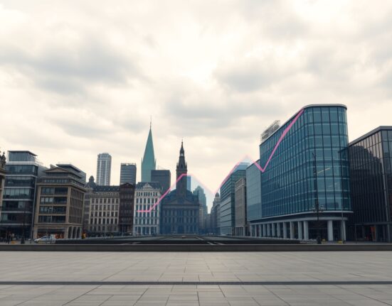 Brussels cityscape with a digital display showing a negative economic trend, representing Belgium's leading indicator miss in July.