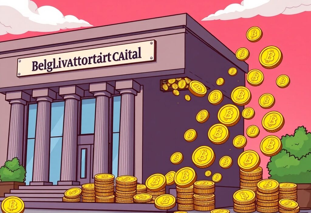 Cartoon illustration depicting a substantial Bitcoin investment flowing into a financial institution, symbolizing Belgravia Hartford Capital's strategic move.