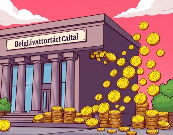 Cartoon illustration depicting a substantial Bitcoin investment flowing into a financial institution, symbolizing Belgravia Hartford Capital's strategic move.