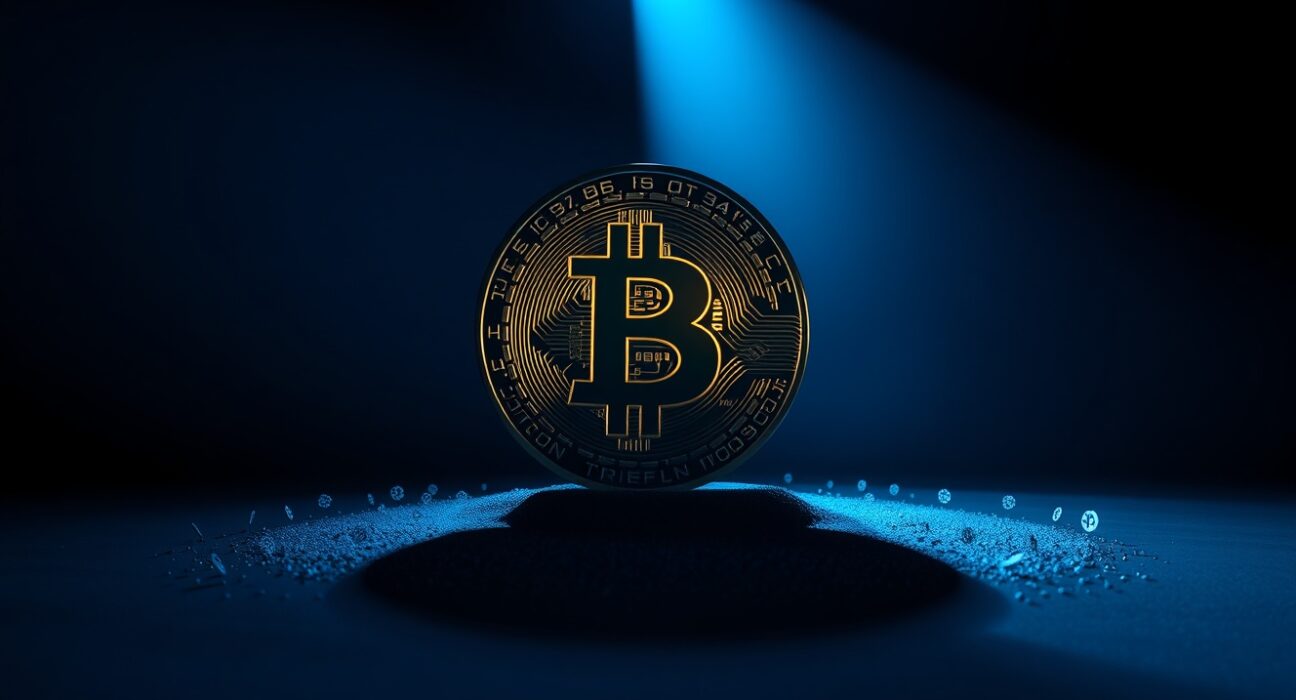 Bitcoin coin glowing in a dark room with small altcoin logos fading into dust, representing market consolidation.