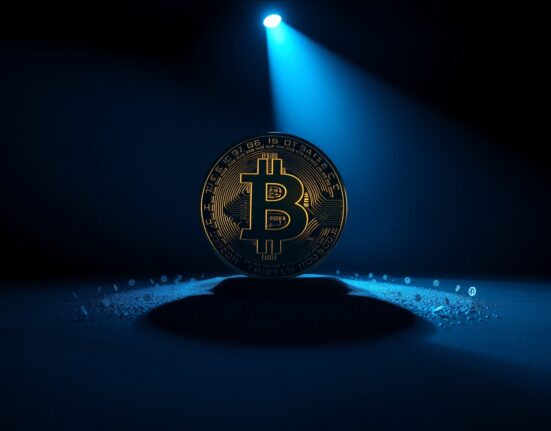 Bitcoin coin glowing in a dark room with small altcoin logos fading into dust, representing market consolidation.