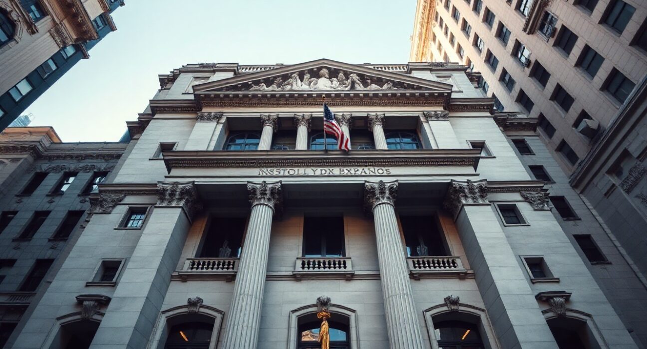 New York Stock Exchange building facade on Wall Street with American flag under blue sky