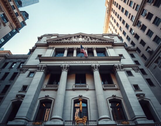 New York Stock Exchange building facade on Wall Street with American flag under blue sky