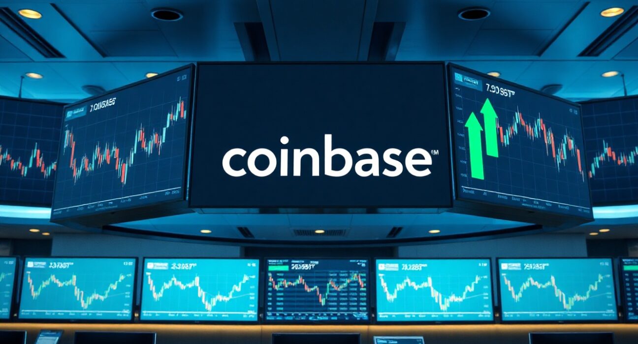 Financial trading screens showing Coinbase logo and stock charts in a modern exchange environment