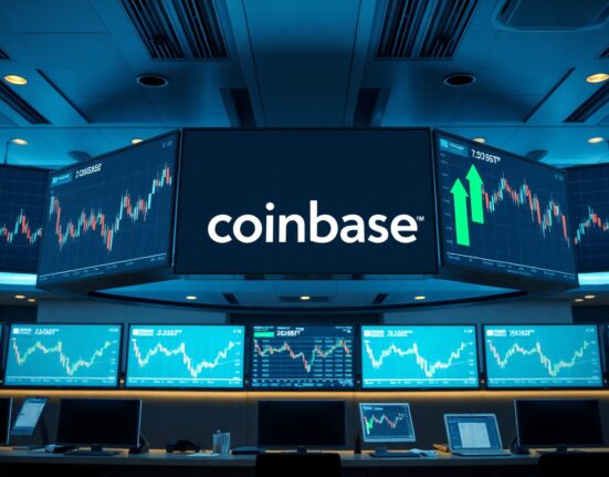 Financial trading screens showing Coinbase logo and stock charts in a modern exchange environment
