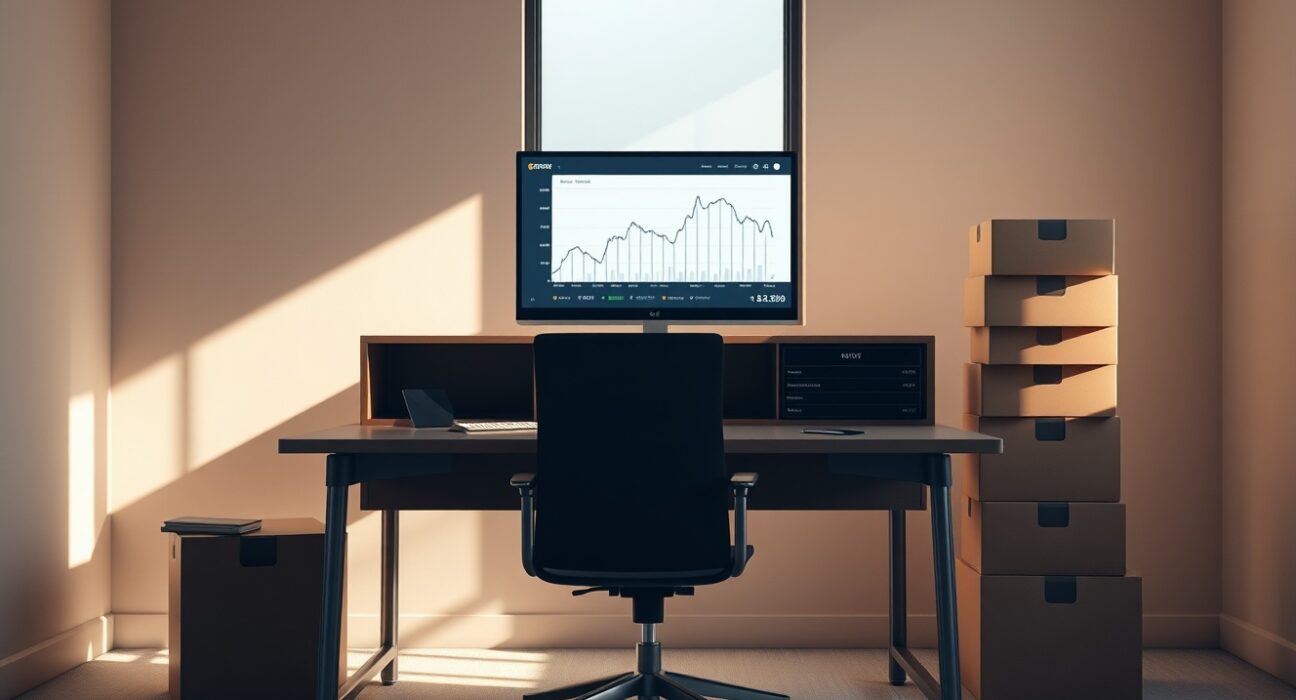 Exodus cryptocurrency wallet interface on a monitor in a downsized office, reflecting layoffs and a revised price target from Benchmark.