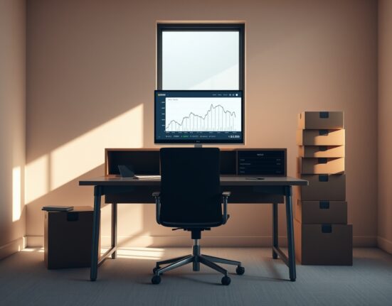 Exodus cryptocurrency wallet interface on a monitor in a downsized office, reflecting layoffs and a revised price target from Benchmark.