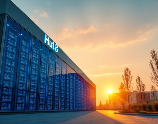 Exterior view of a modern Hut 8 data center facility at sunset with blue interior lighting