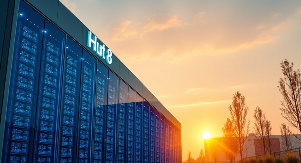 Exterior view of a modern Hut 8 data center facility at sunset with blue interior lighting