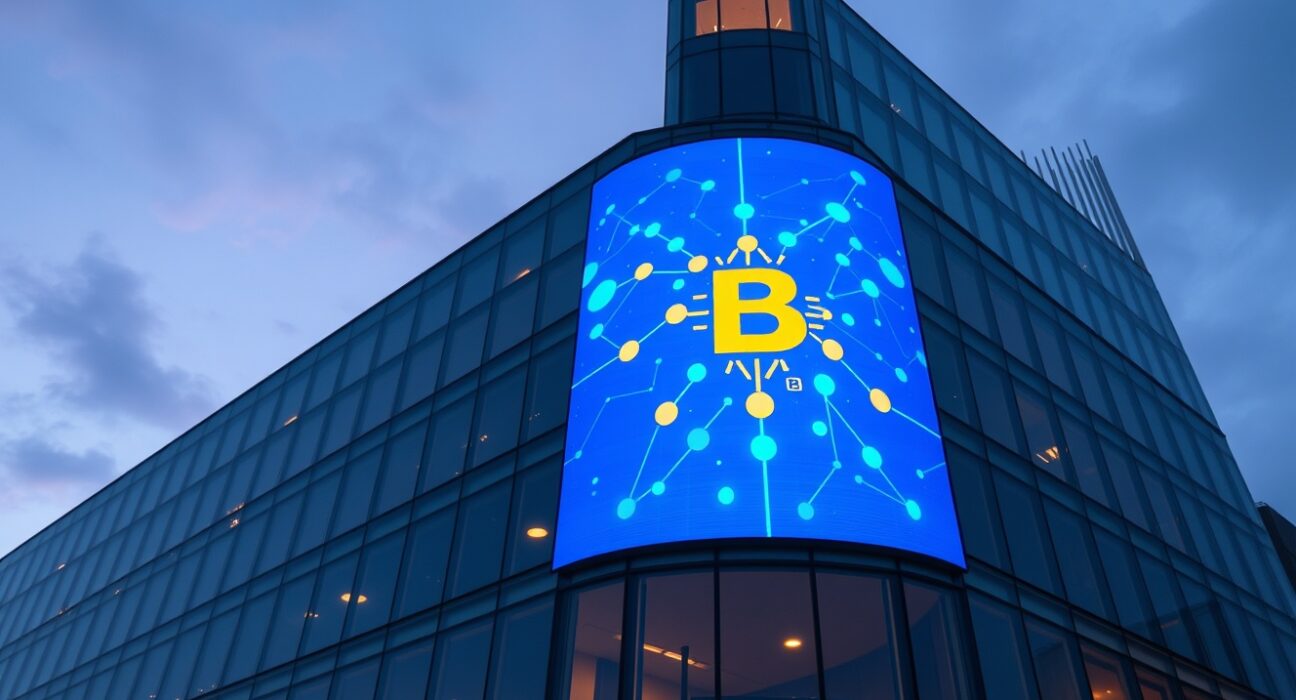 Modern office building with blockchain graphic on digital screen at twilight