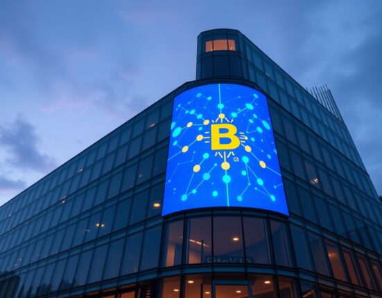 Modern office building with blockchain graphic on digital screen at twilight