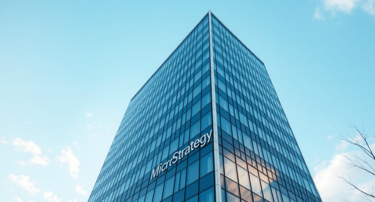 Exterior view of MicroStrategy headquarters building in Tysons Corner, Virginia, under a clear sky.