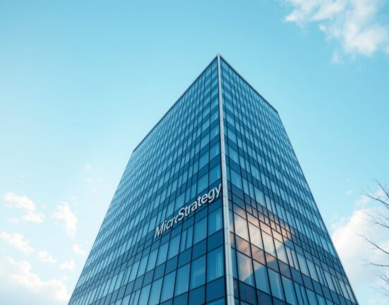 Exterior view of MicroStrategy headquarters building in Tysons Corner, Virginia, under a clear sky.