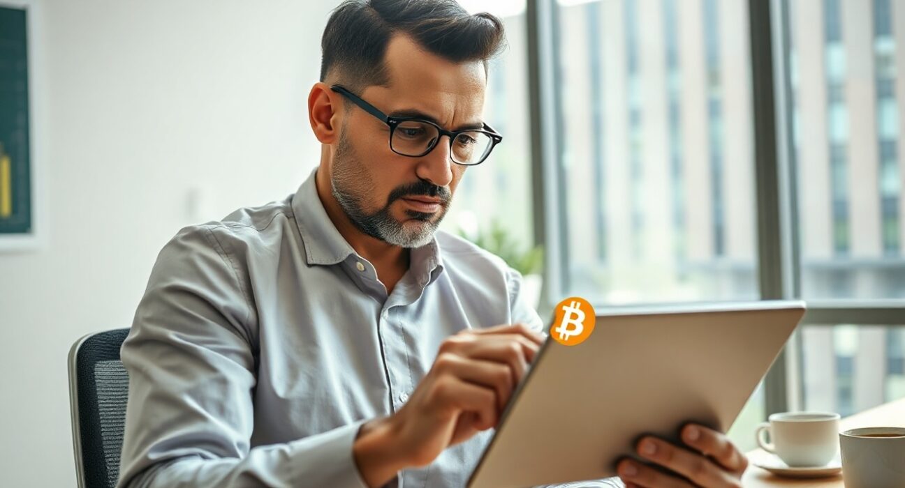 Financial analyst reviewing Bitcoin and stock market data on a tablet in a modern office