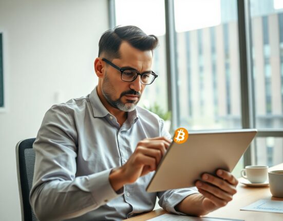 Financial analyst reviewing Bitcoin and stock market data on a tablet in a modern office