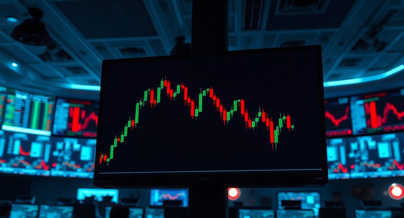 Cryptocurrency price chart showing a downward trend in a trading room