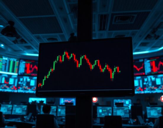 Cryptocurrency price chart showing a downward trend in a trading room