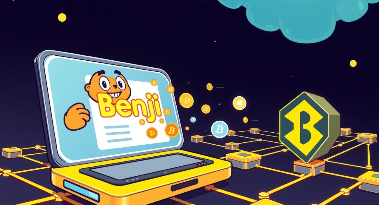 Cartoon illustration of Franklin Templeton's Benji platform integrating with BNB Chain, symbolizing expanded access for tokenized assets. Benji BNB Chain support.