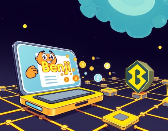 Cartoon illustration of Franklin Templeton's Benji platform integrating with BNB Chain, symbolizing expanded access for tokenized assets. Benji BNB Chain support.