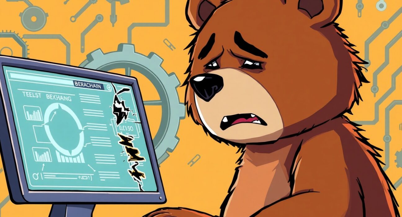 A cartoon bear representing Berachain stands near a broken DeFi exchange, illustrating the urgent Berachain hack and network halt.